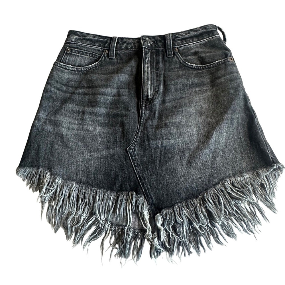 We The Free People Black High Rise Fringe Hem Bailey Denim Jean Mini Skirt 26
